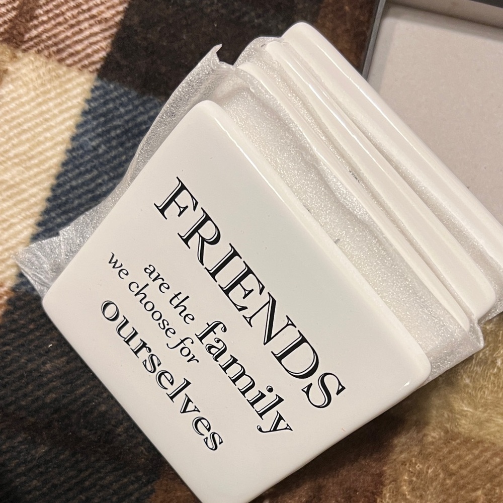 Friends are chosen family Quote Ceramic Coaster - Black and White